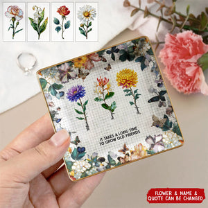 Mosaic Style Birth Flowers A True Friendship Is A Journey - Personalized Jewelry Dish