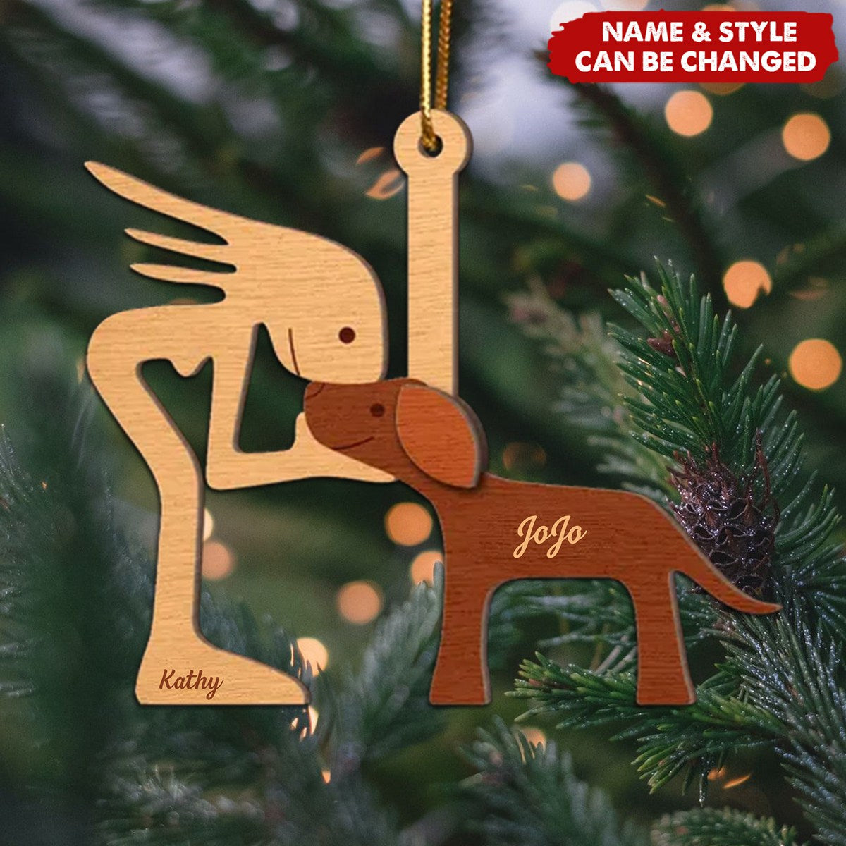 Man Woman And Dog Cat Illustration Personalized 2-Layer Wooden Ornament, Christmas Gift For Dog Lovers, Cat Lovers
