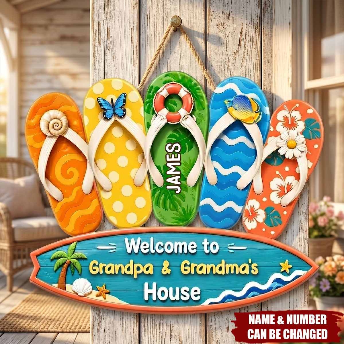 Wooden Sign With Sunny Flip Flops, Welcome To Grandma & Grandpa's House