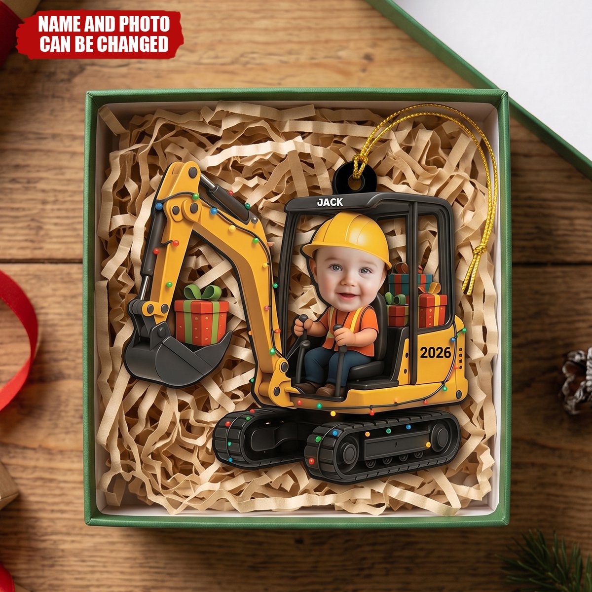 Personalized Excavator Christmas Ornament, Custom Kid Face Keepsake, Gift For Kids & Family