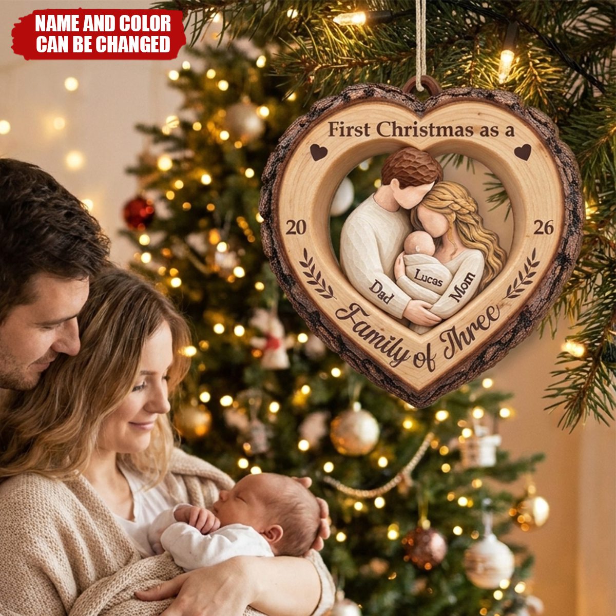 First Christmas as a Family of Three - Personalized Wooden Ornament for New Parents