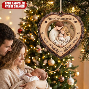 First Christmas as a Family of Three - Personalized Wooden Ornament for New Parents