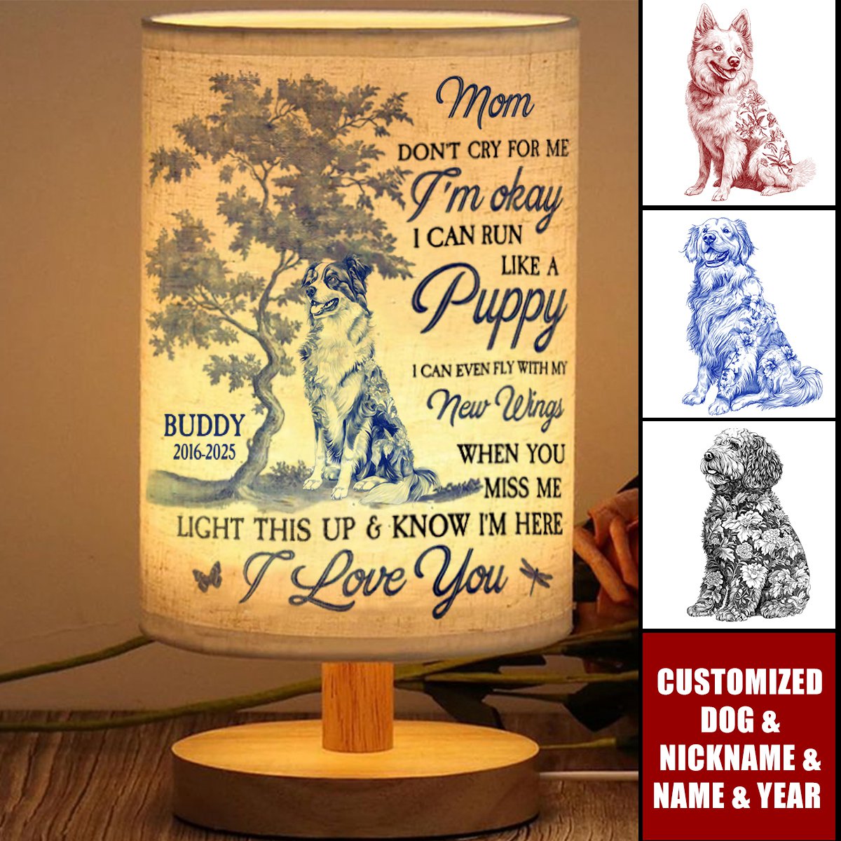 Dog Memorial Gift Don't Cry For Me Toile De Jouy - Personalized Fabric Lamp