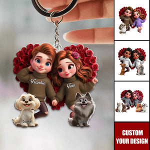 Cute Couple Holding Hands Surrounded By Roses With Dog Personalized Acrylic Keychain