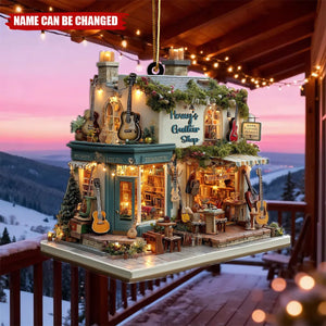 Guitar Shop Christmas Ornament, Mini Music Storefront with Acoustic Guitars