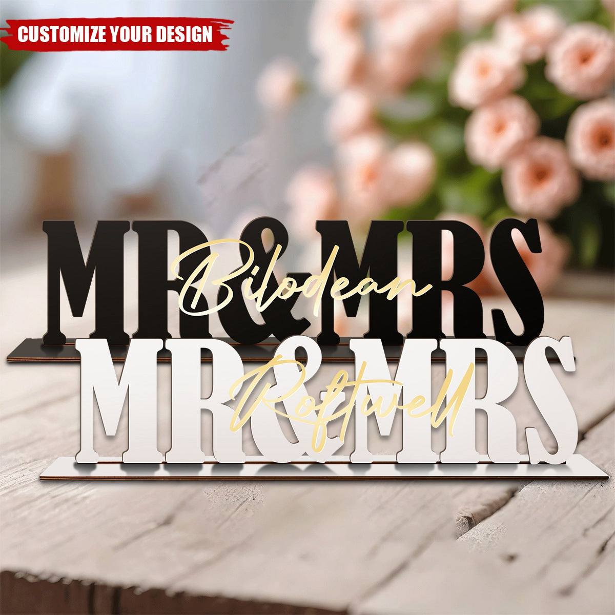 Mr And Mrs Wedding Name Sign - Personalized Wooden Plaque