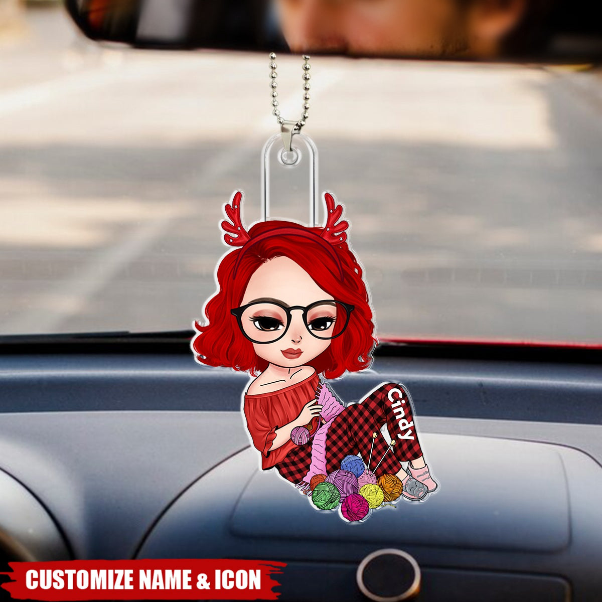 Knitting Girl Personalized Acrylic Car Ornament
