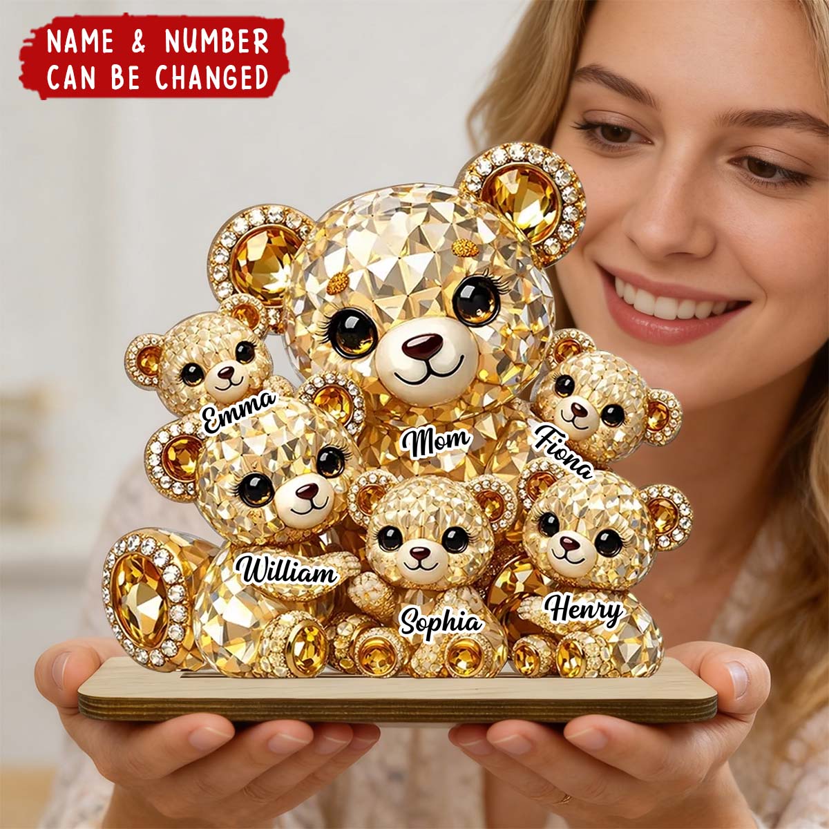 Mommy And Me Crystal Bear - Personalized Custom 2-Layer Wood Plaque With Flat Base