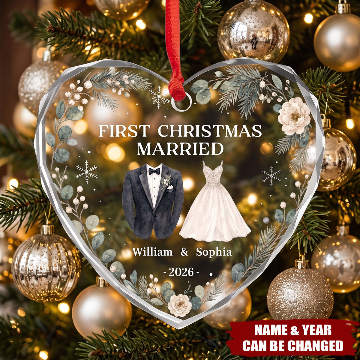 Custom First Christmas Heart Glass Ornament - Personalized Anniversary Christmas Wedding Gifts