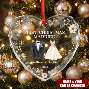 Custom First Christmas Heart Glass Ornament - Personalized Anniversary Christmas Wedding Gifts