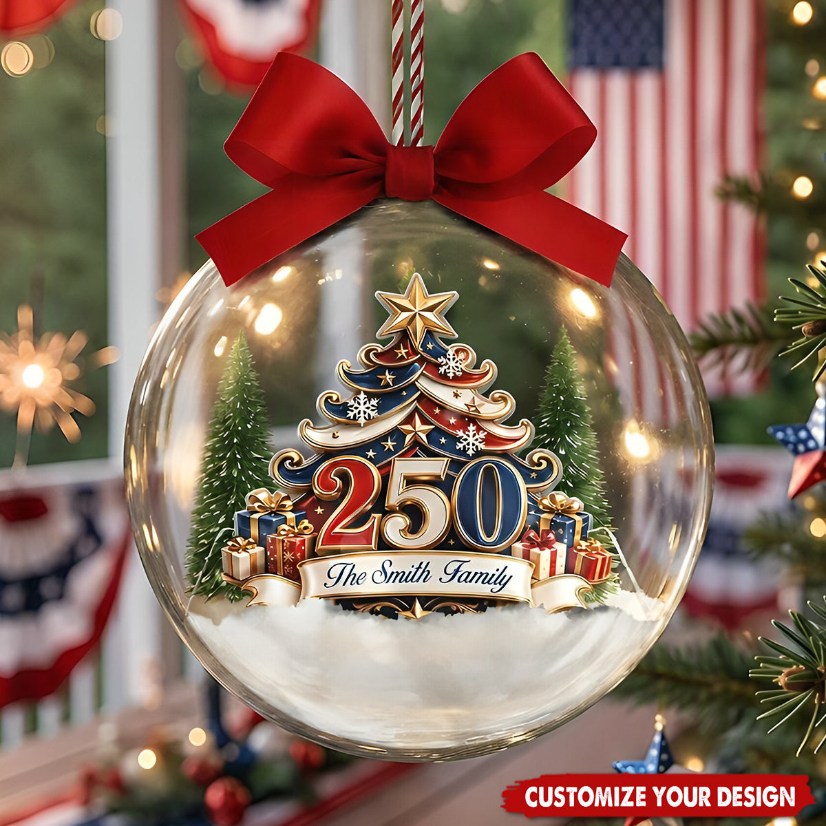 Christmas Tree 250 Years Of Freedom - Custom 3D Acrylic Ball Ornament