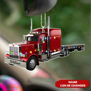 Truck With Flatbed Trailer Personalized Christmas Car Ornament, Gift For Trucker