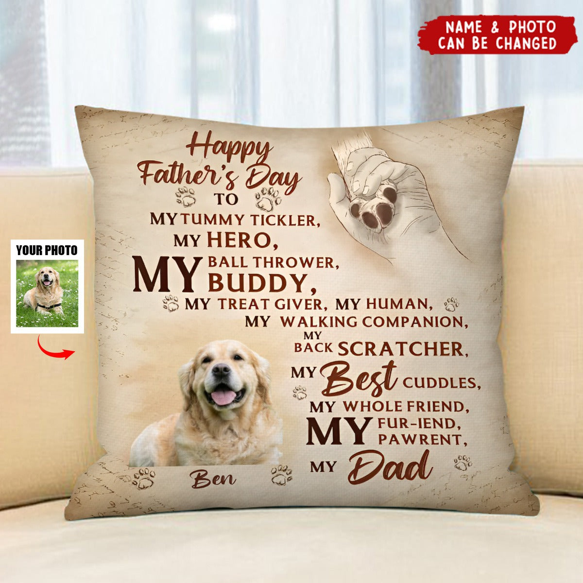 Personalized Father's Day Pillow - Gift Idea For Dog Owner - Upload Dog Photo - Happy Father's Day To My Hero