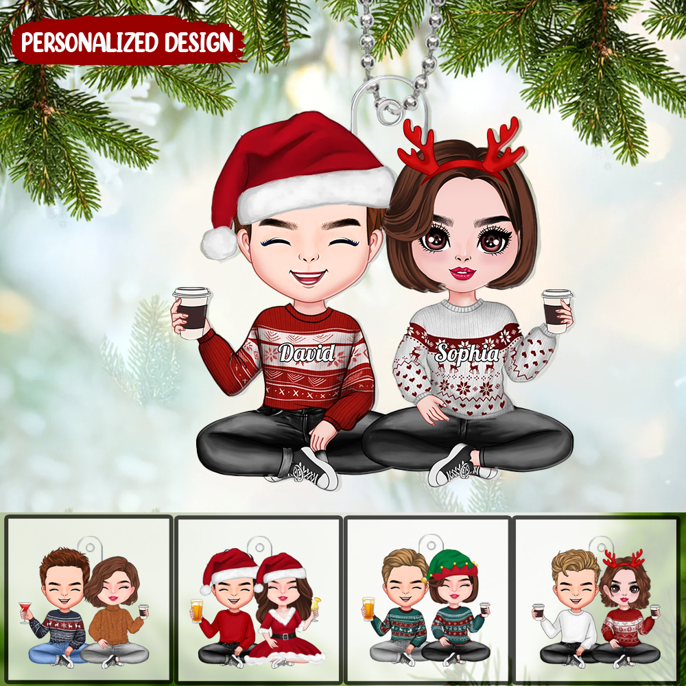Christmas Doll Couple Sitting Personalized Acrylic Ornament