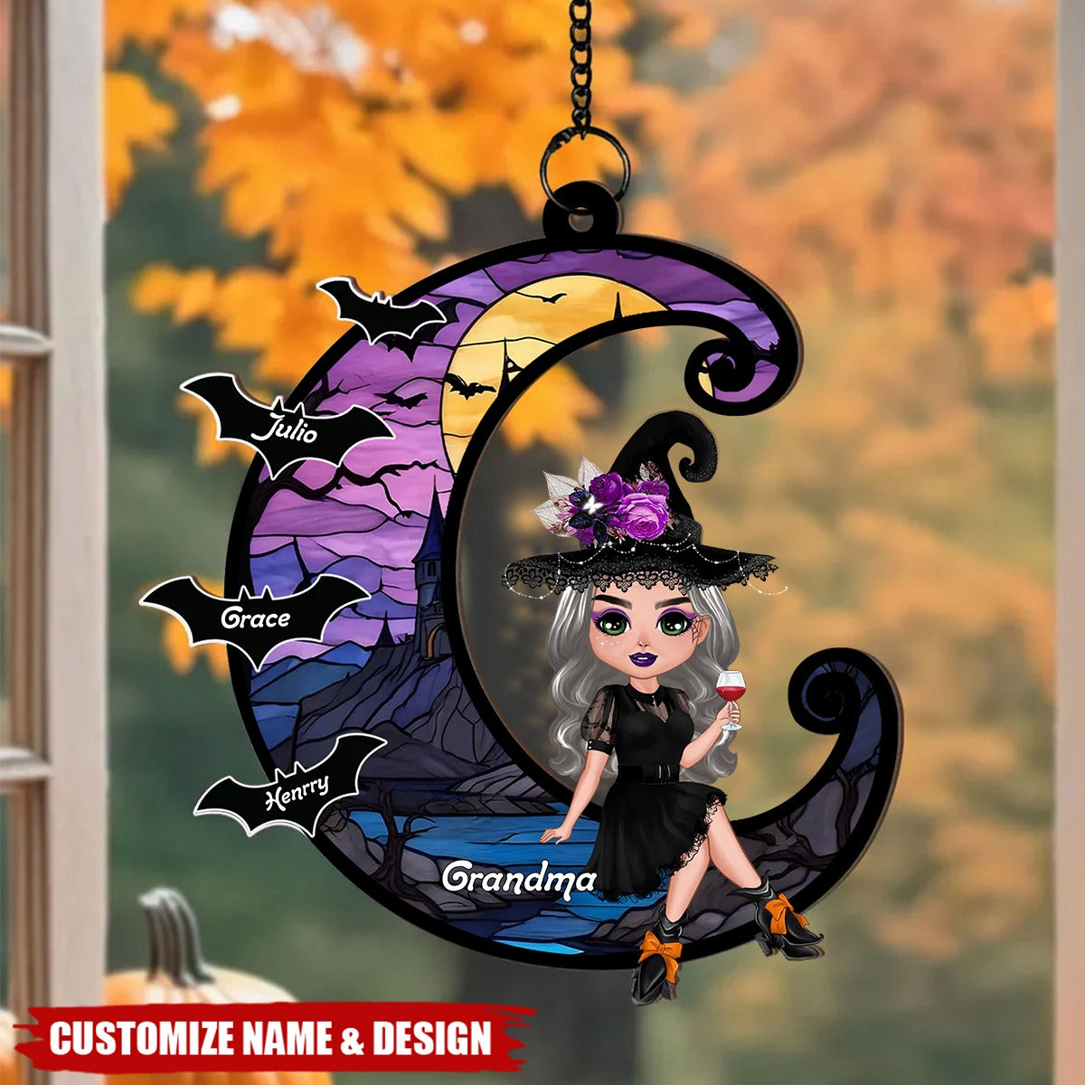 Grandma Mom Witch On Moon Personalized Window Hanging Suncatcher Ornament, Halloween Decor