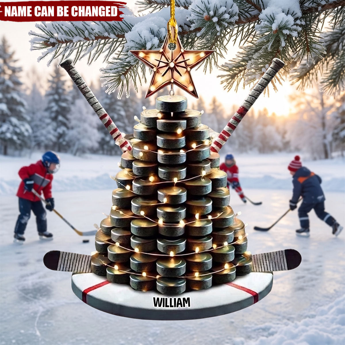 Personalized Hockey Christmas Ornament With Puck, Tree, And Stick