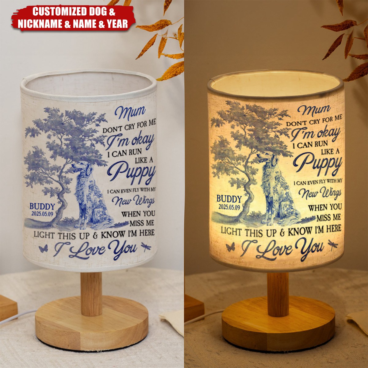 Dog Memorial Gift Don't Cry For Me Toile De Jouy - Personalized Fabric Lamp