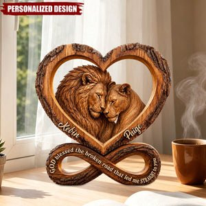 Personalized Lion Couple Heart Infinity Wooden Plaque - Faith Quote Couple Tabletop Decor