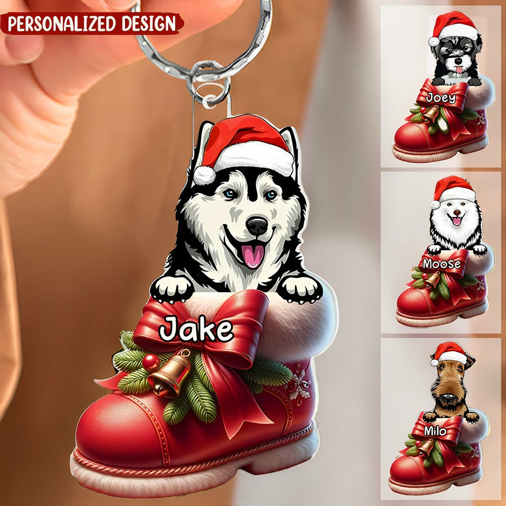 Cute Dog Puppy Pet On Christmas Boots Shoes Personalized Acrylic Keychain