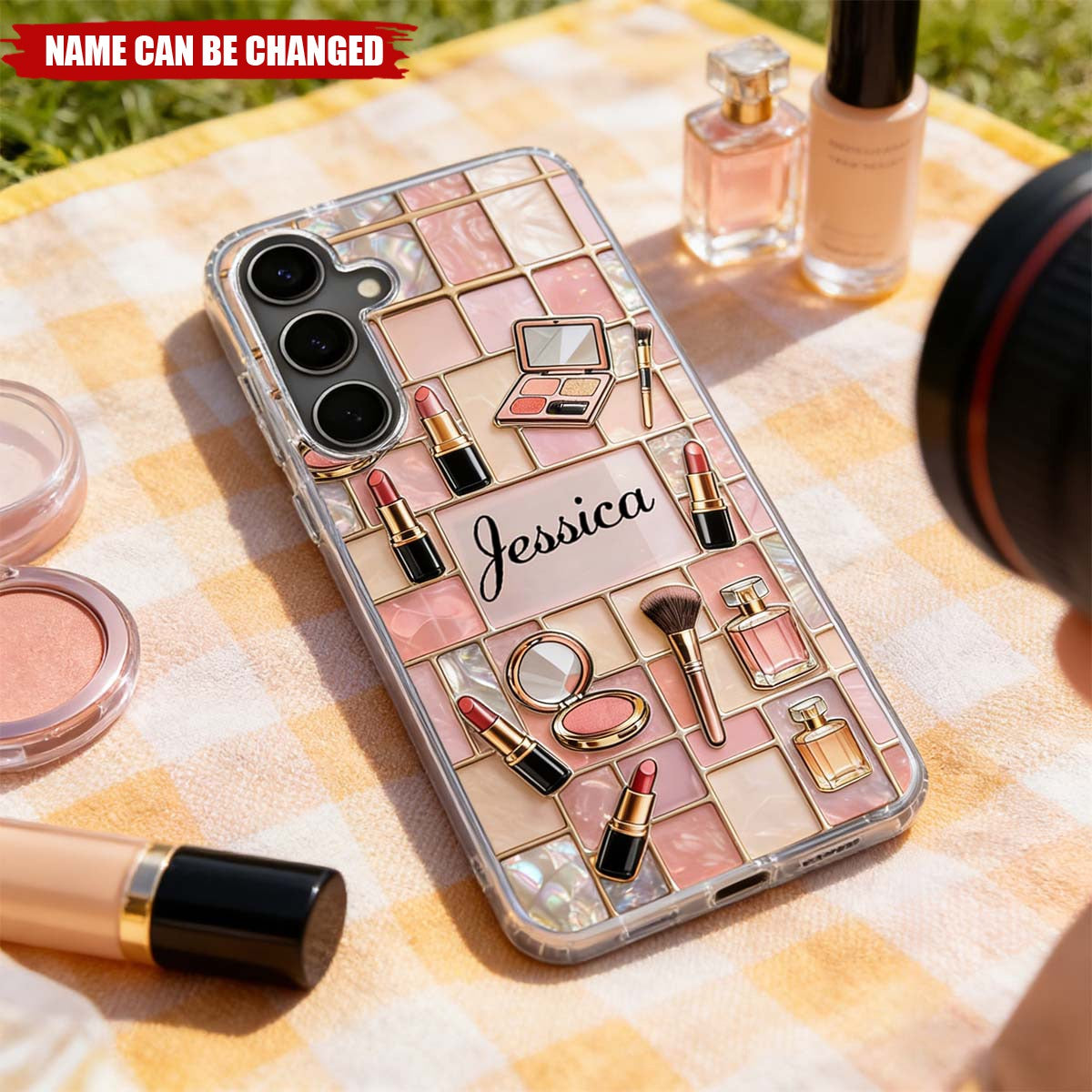 Personalized Makeup Phone Case, Pink Gold Beauty Cosmetic Design