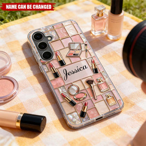 Personalized Makeup Phone Case, Pink Gold Beauty Cosmetic Design
