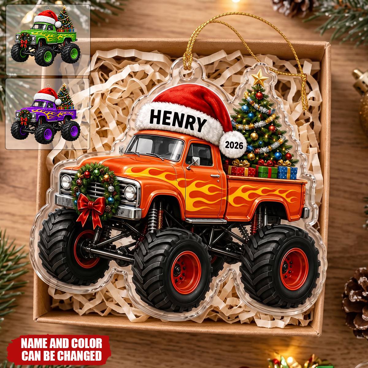 Personalized Monster Truck Christmas Ornament, Custom Name Acrylic Truck Ornament, Boys First Christmas Gift, 2026 Holiday Keepsake