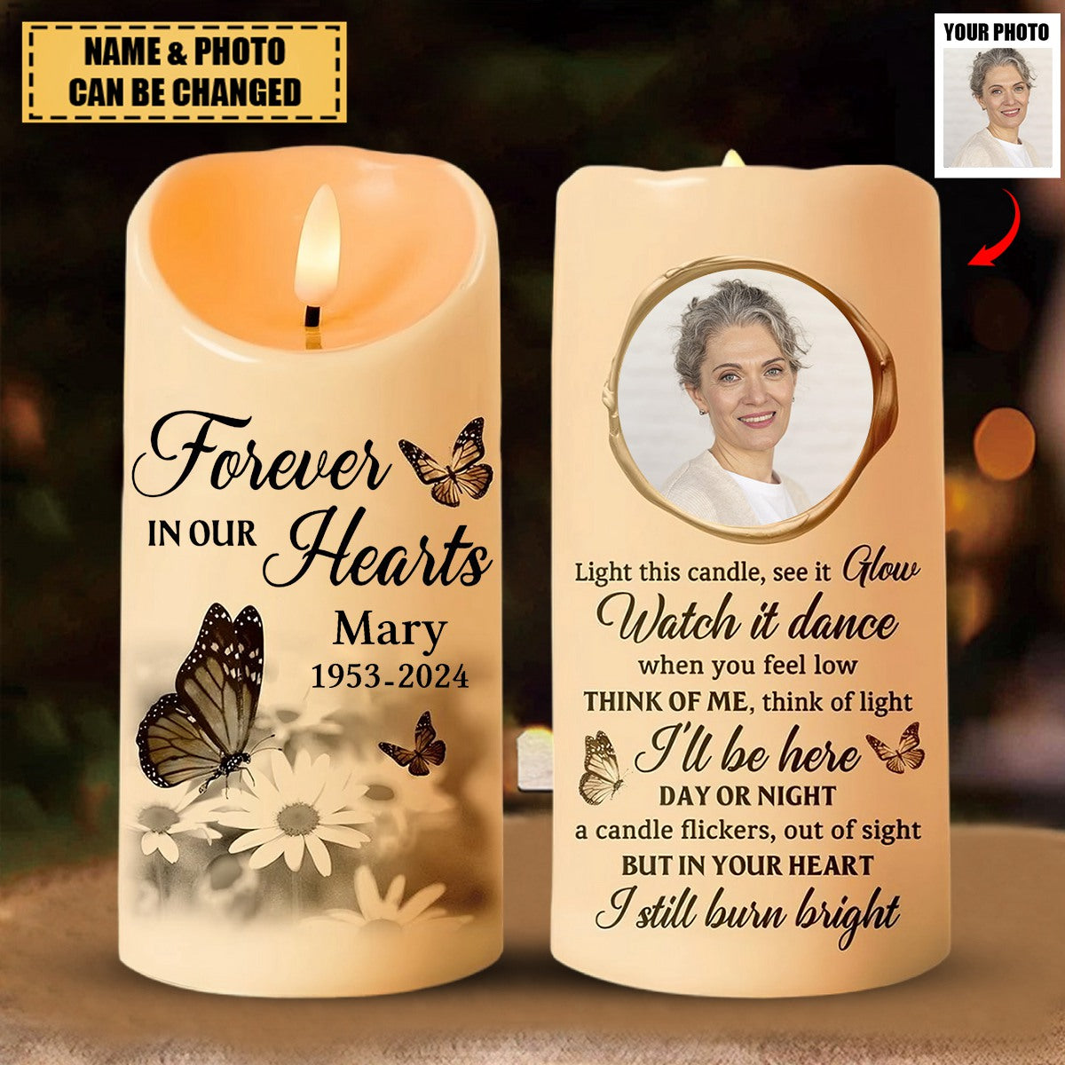 Forever In Our Hearts - Personalized Memorial Candle LED Light - Sympathy Gift For Family Members