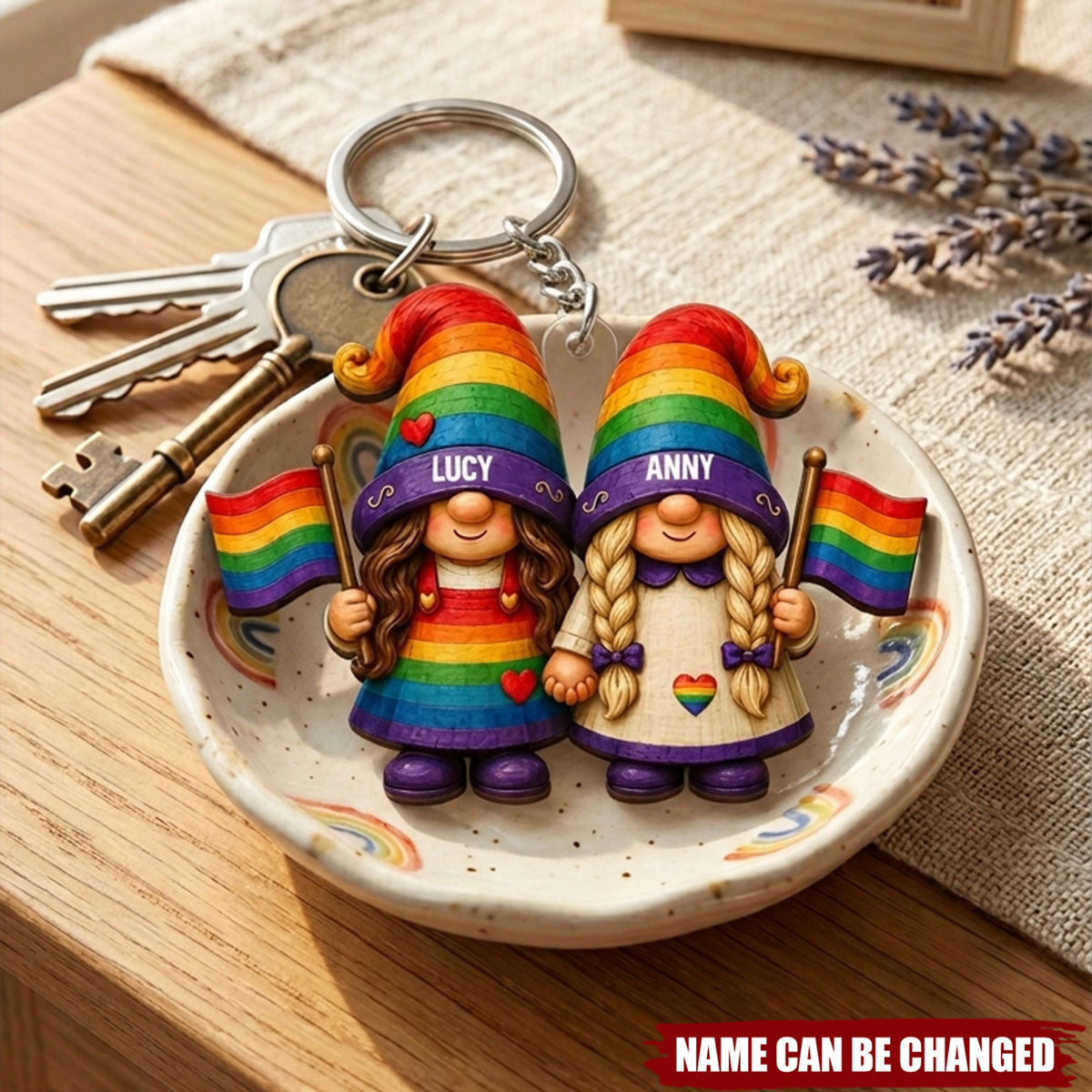 Love Is Love Rainbow Gnome Couple - Personalized Keychain