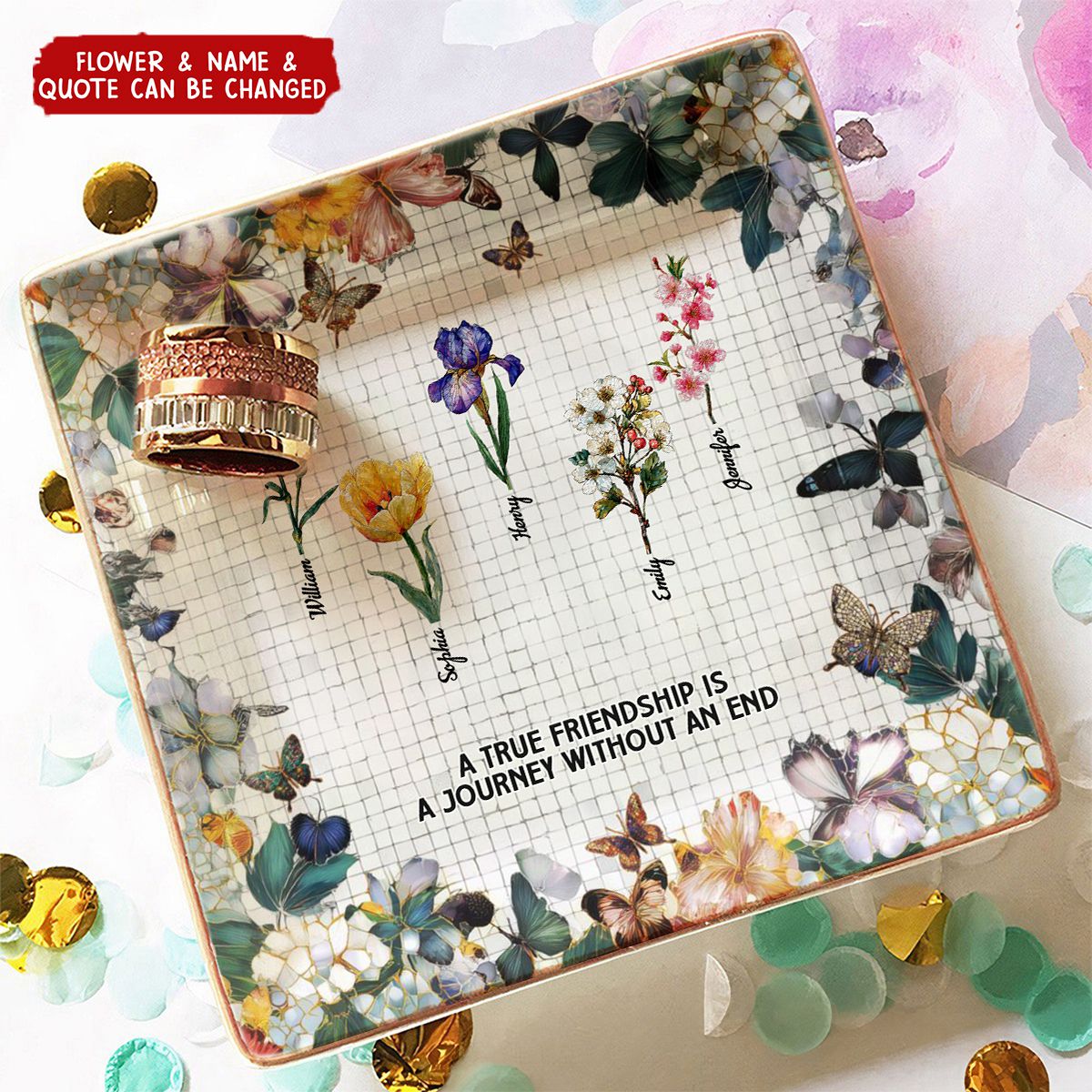 Mosaic Style Birth Flowers A True Friendship Is A Journey - Personalized Jewelry Dish