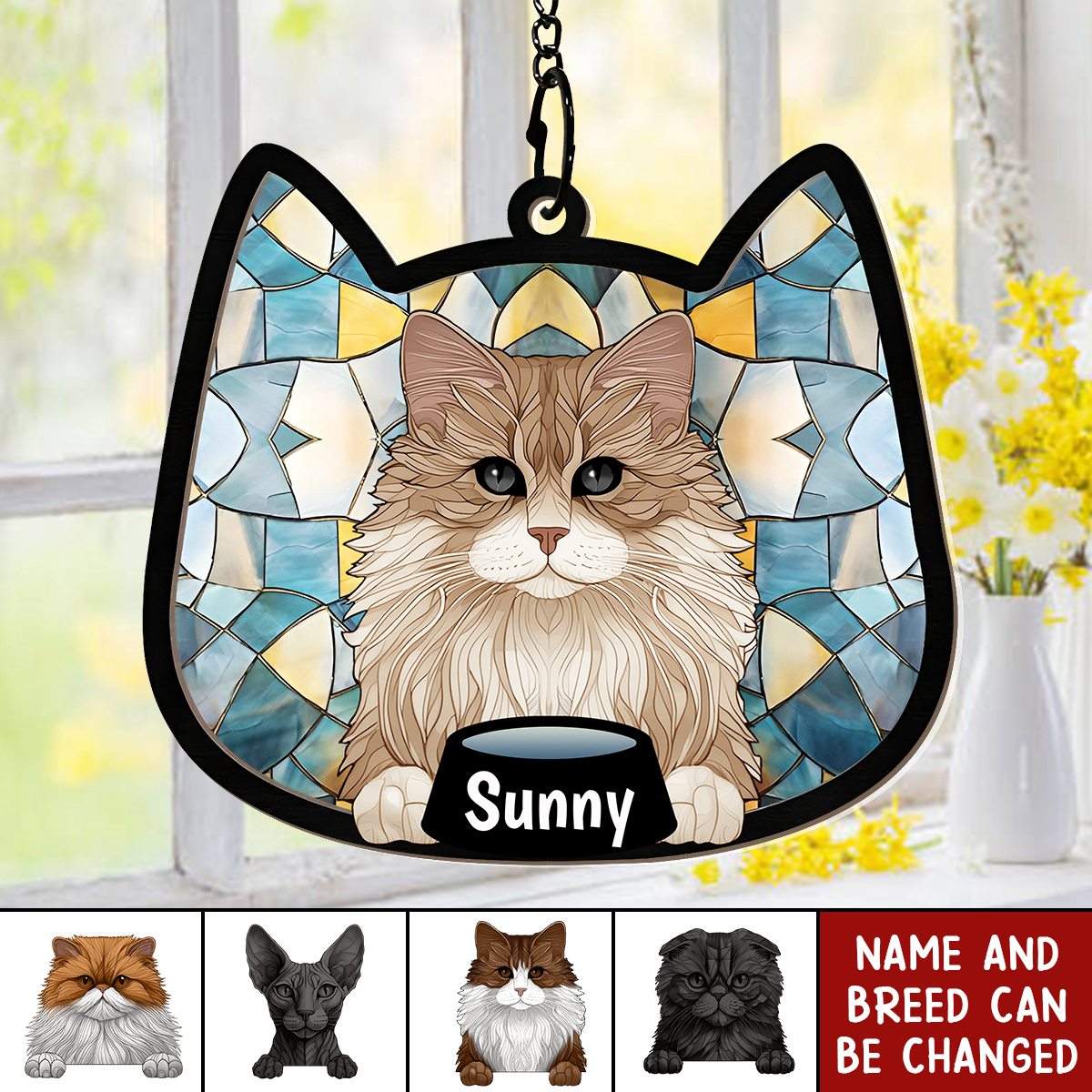Stained Glass Cat - Personalized Window Hanging Suncatcher Ornament
