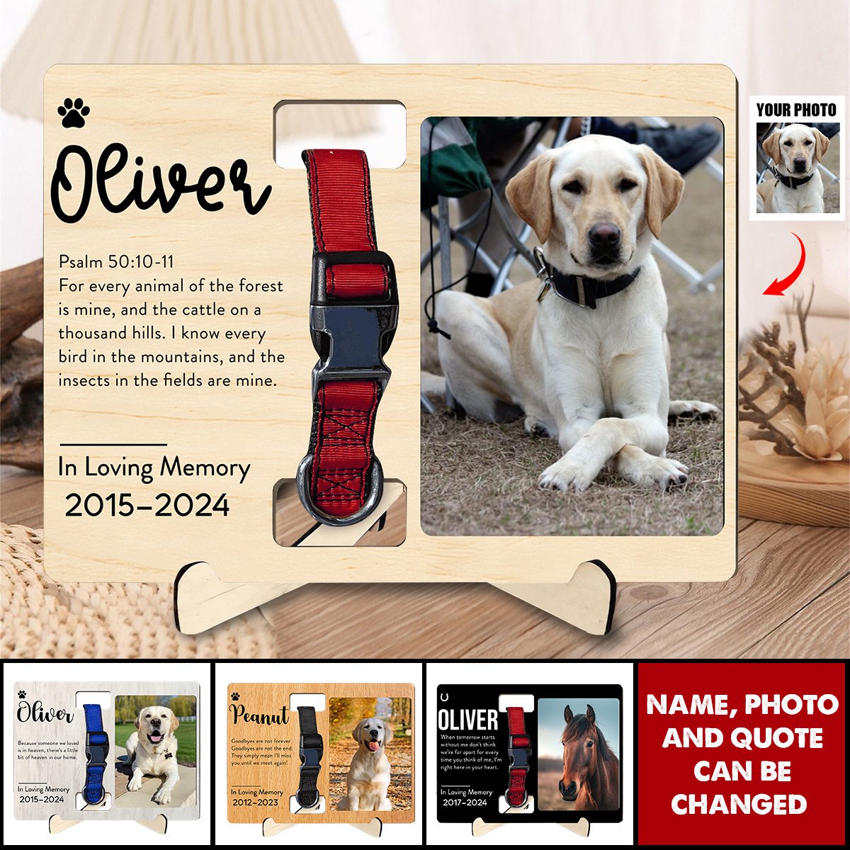 Custom Photo Memorial Gift - In Loving Memory - Personalized Wooden Collar Plaque Sympathy, Bereavement, Condolence for Pet Loss, Dog & Cat Lover