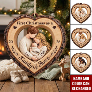 First Christmas as a Family of Three - Personalized Wooden Ornament for New Parents