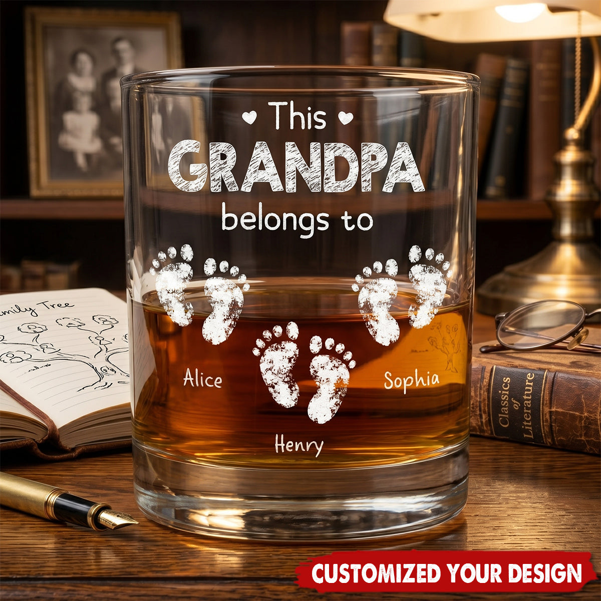 This Grandpa Belongs To - Cute Footprints - Personalized Whiskey Glass