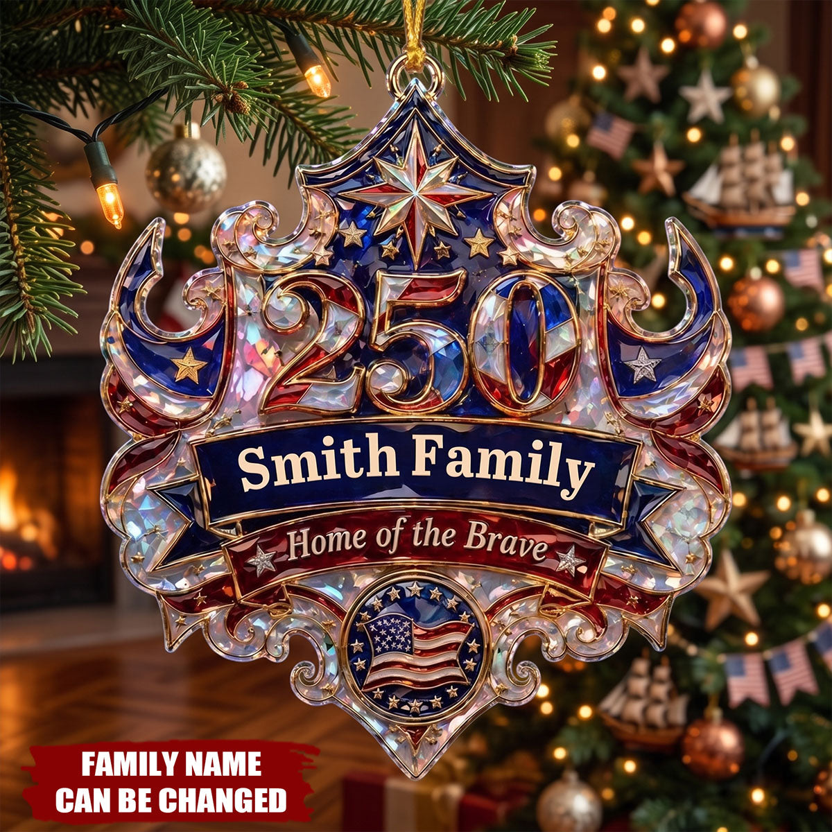 Custom Home Of The Brave Hologram Acrylic Ornament, Personalized USA 250th Patriotic Family Keepsake