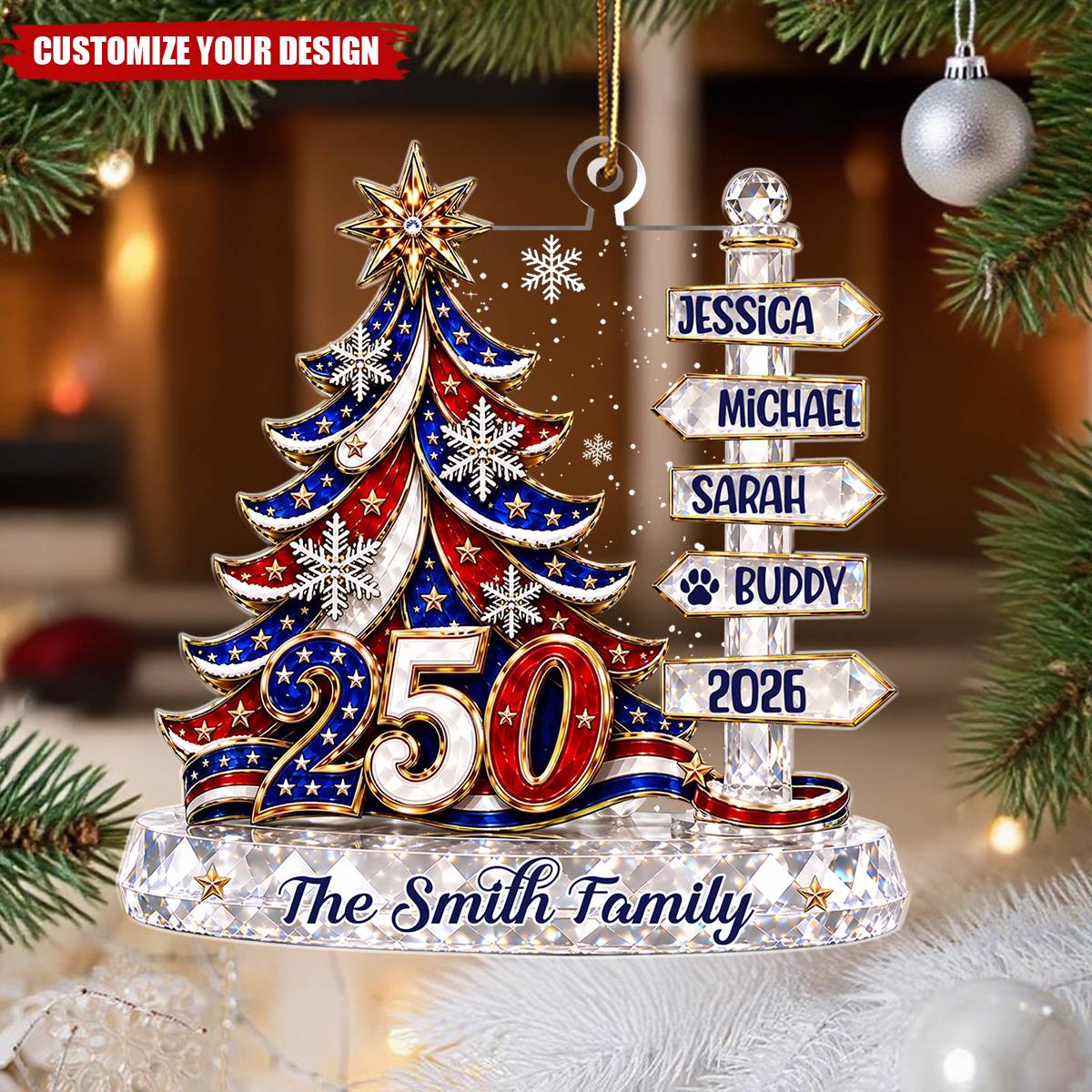 Family Signpost Custom Name Patriotic Christmas Tree 250 - Personalized Acrylic Custom Shape Ornament