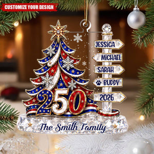 Family Signpost Custom Name Patriotic Christmas Tree 250 - Personalized Acrylic Custom Shape Ornament