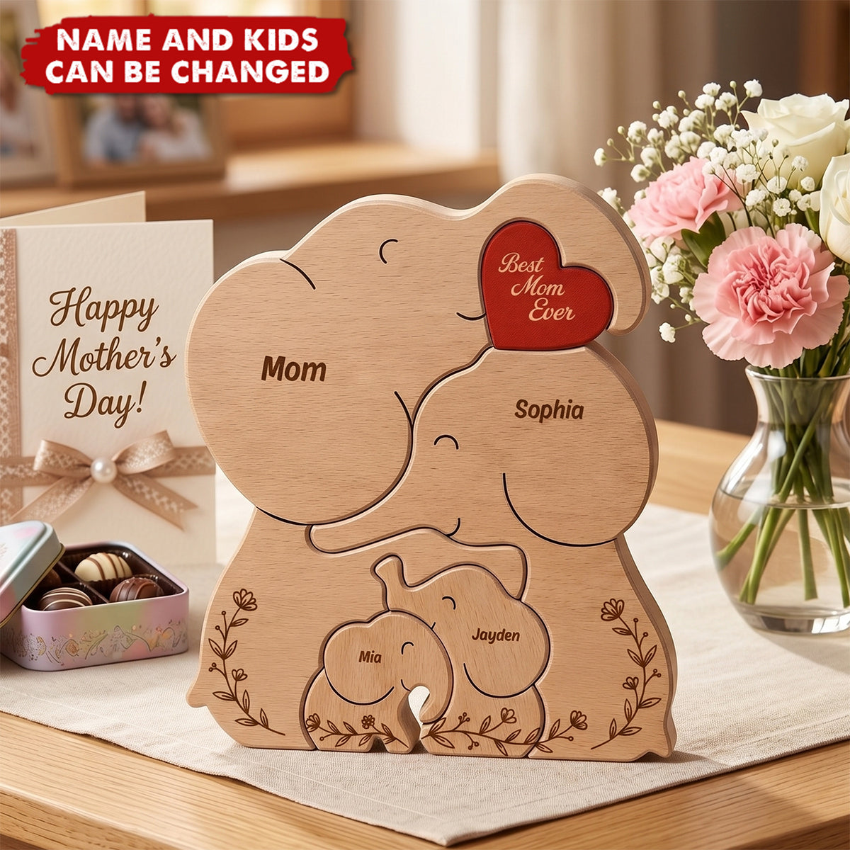 Best Mom Ever Gift For Mother's Day - Personalized Elephant Family Wooden Puzzle