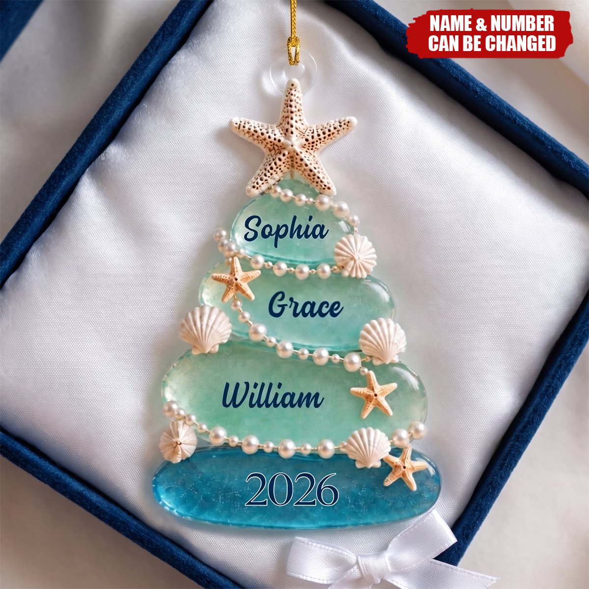 Personalized Sea Glass Tree 2026 Acrylic Ornament, Custom Beach Christmas Decoration