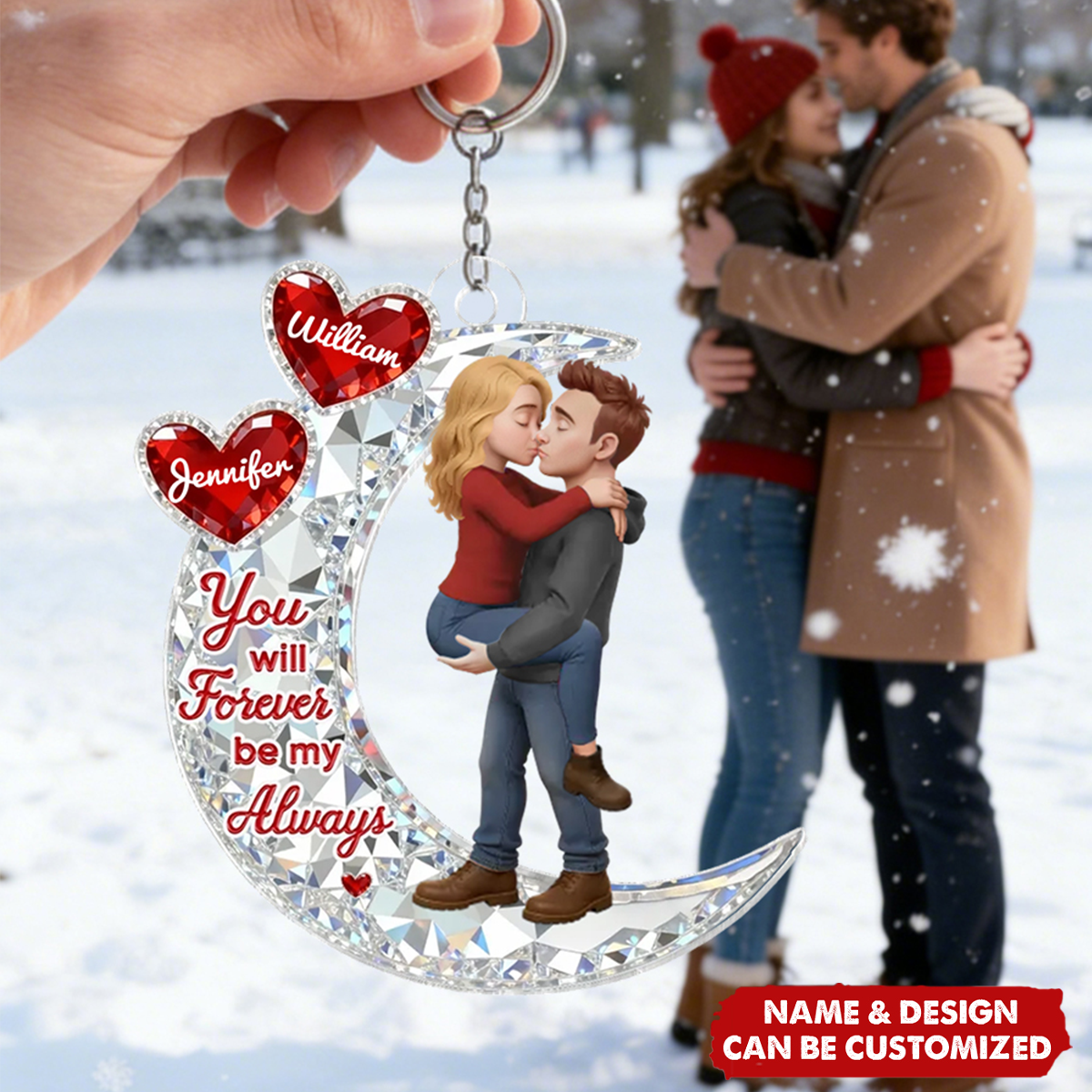 Couple Hug On Moon - Personalized Acrylic Keychain, Gift For Couple, Gift For Him, For Her