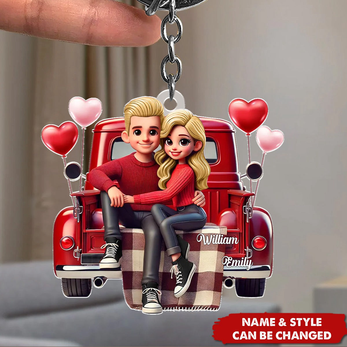 3D Effect Couple Sitting On Red Truck Personalized Acrylic Keychain, Valentine's Day Gift, Anniversary Gift For Couples