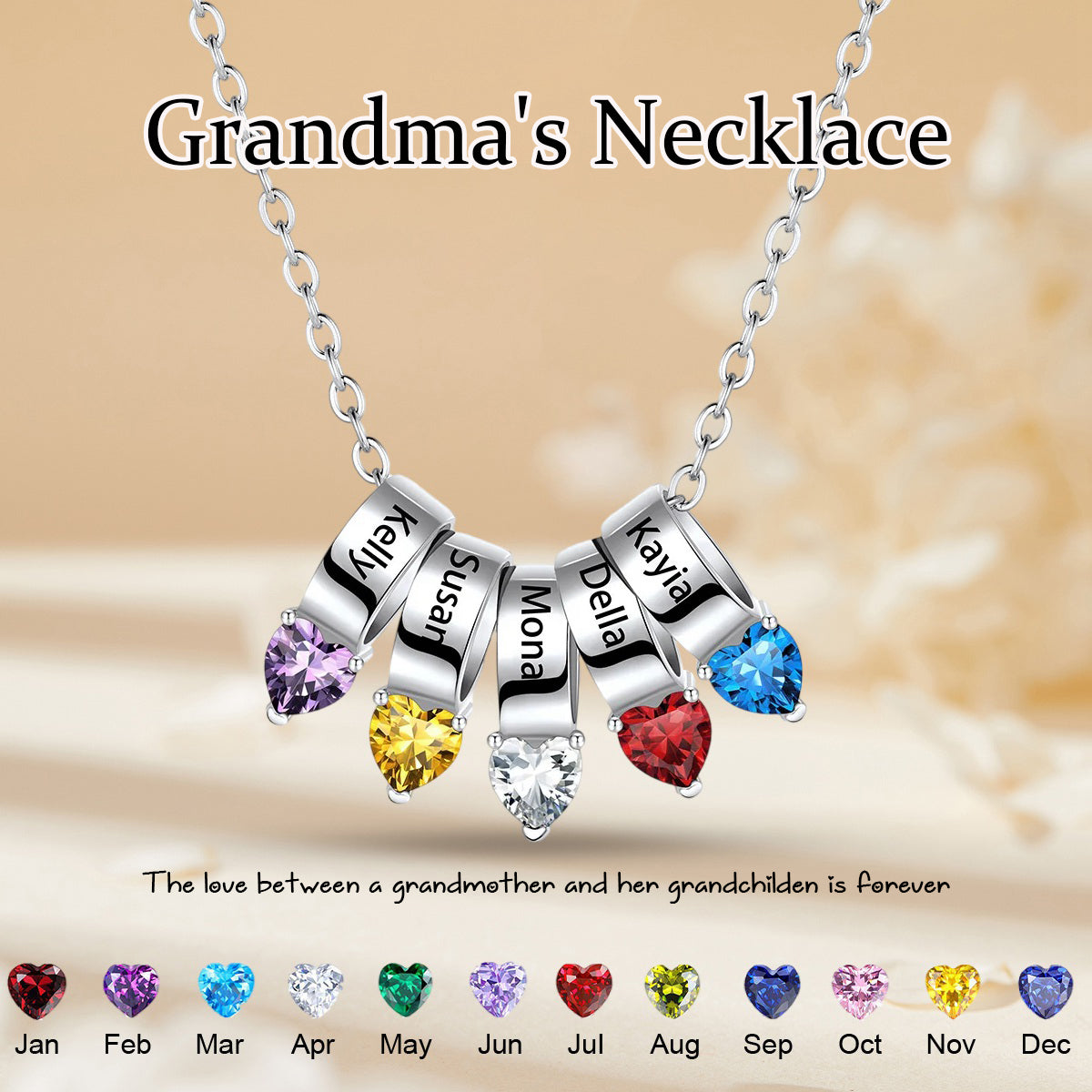 Personalized 1-5 Names Heart Birthstone Necklace for Women