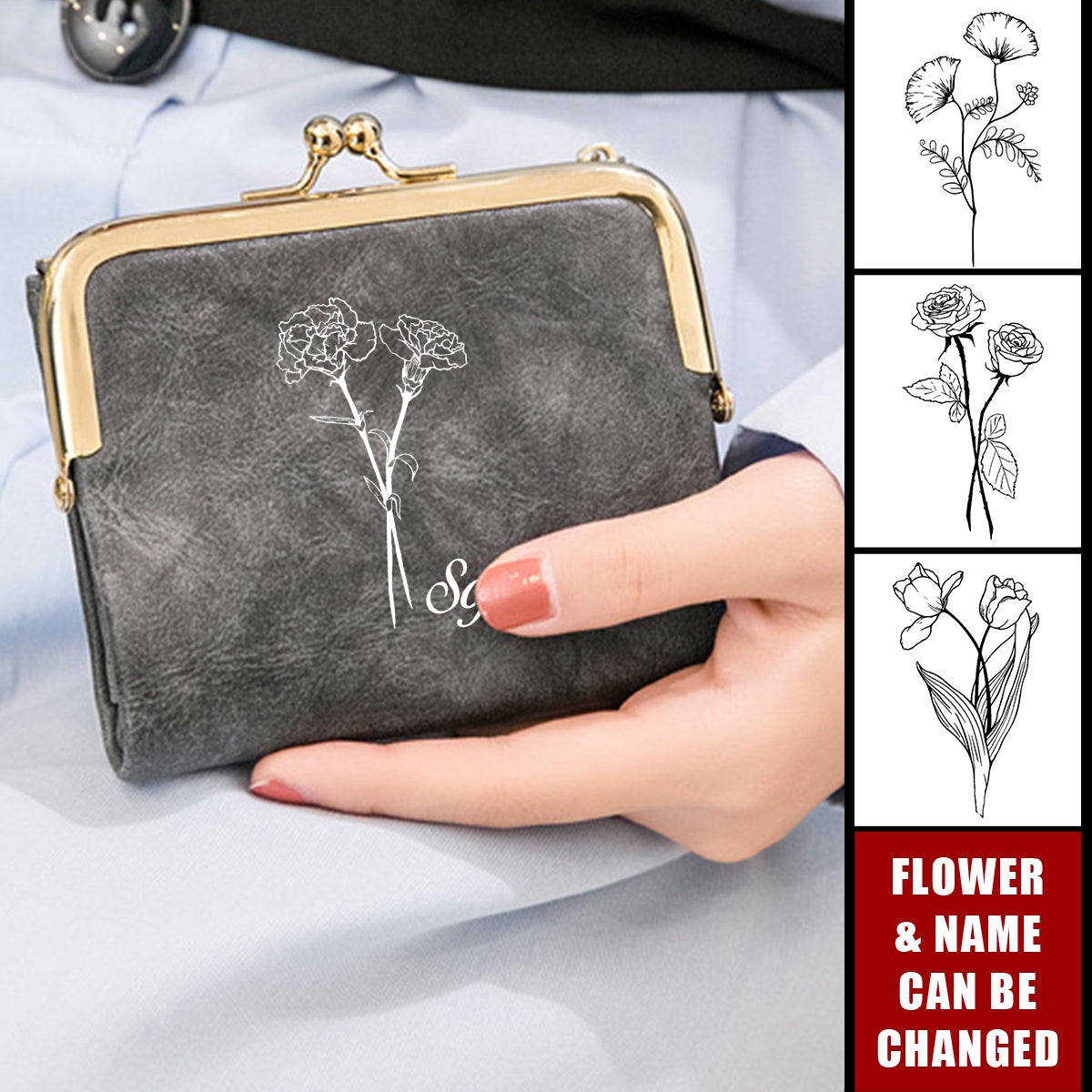 Personalized Birthday Flower Bifold Kiss Lock Vintage Coin Purse Wallet
