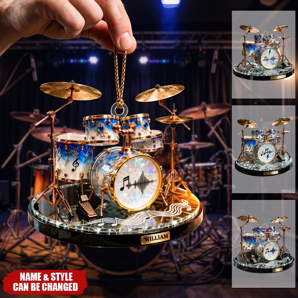 Luxury Crystal Drum Kit Custom Name Stained Glass Effect Acrylic Christmas Ornament