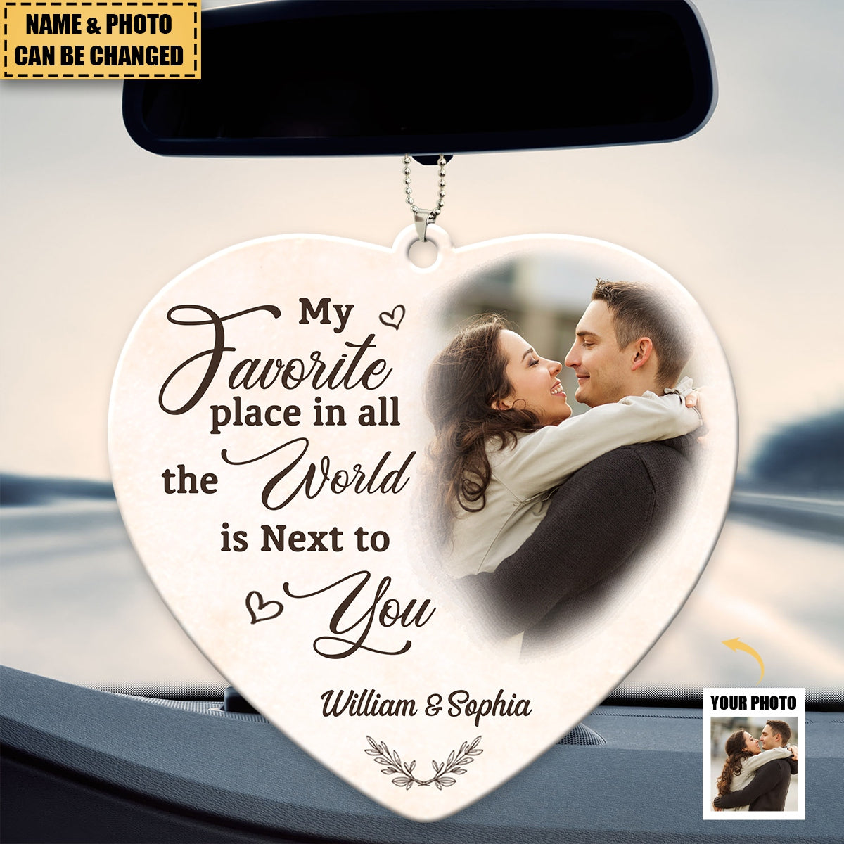 Custom Photo My Favorite Place In All The World Is Next To You - Couple Personalized Heart Acrylic Ornament