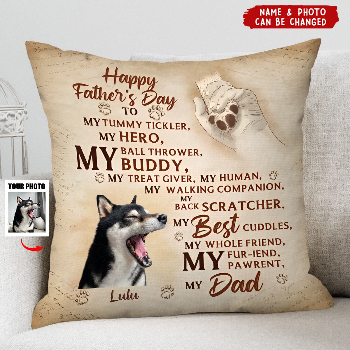 Personalized Father's Day Pillow - Gift Idea For Dog Owner - Upload Dog Photo - Happy Father's Day To My Hero