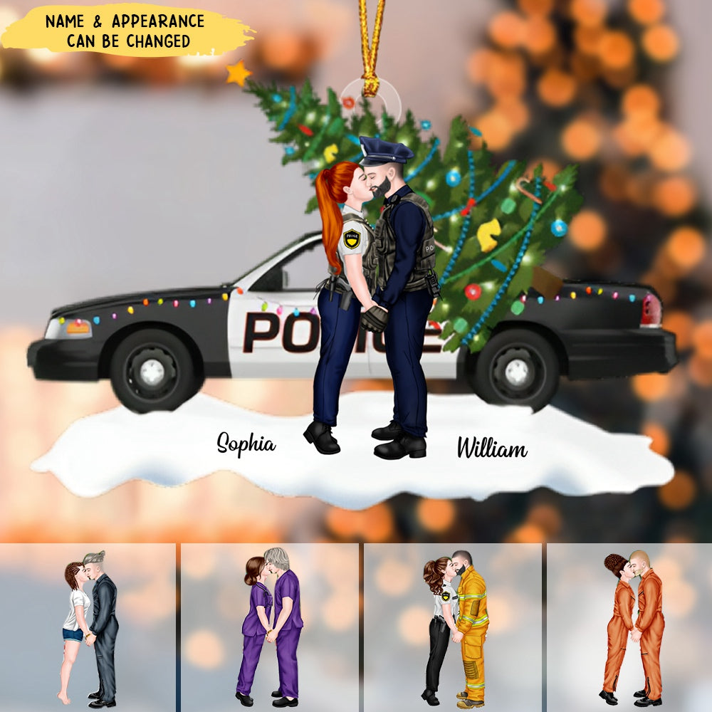 Gift For Police Officer, Couple Gift, Personalized Acrylic Ornament, Police Car Couple Kissing Ornament, Christmas Gift