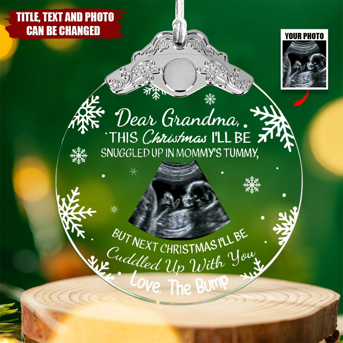 First Christmas Baby Bump Custom Ultrasound - Personalized Glass Photo Ornament With Silver Cap