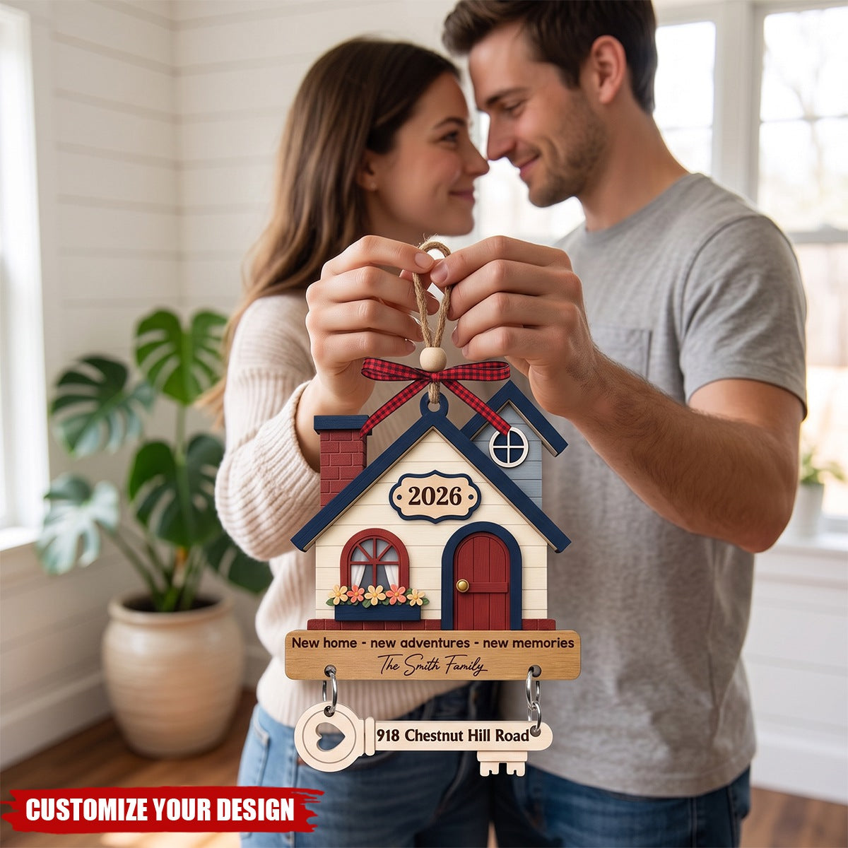 Custom New Home Wooden Ornament With Tag - Personalized Anniversary Christmas Wedding Gifts