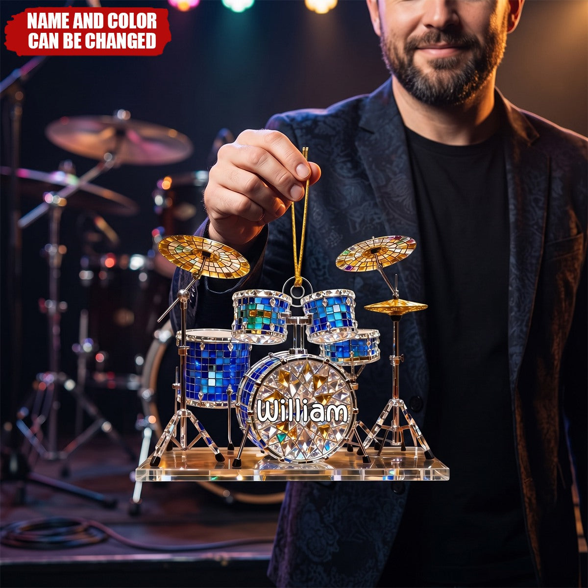 Personalized Stained Glass Effect Acrylic Christmas Ornament, Presents For Drummers