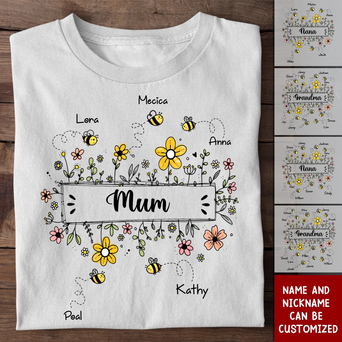 Grandma Flower Bee And Grandkids Personalized T-shirt